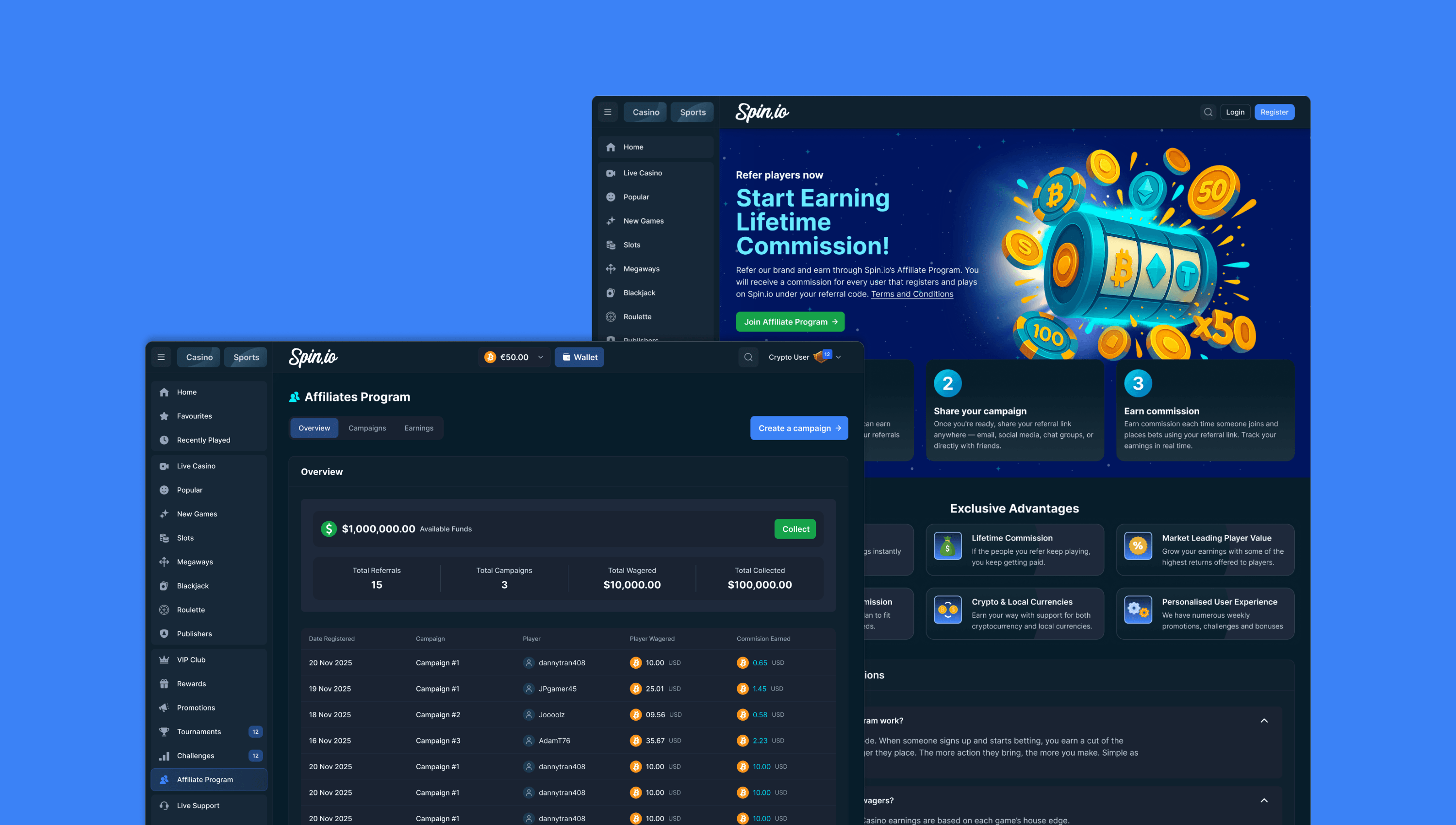 Spin.io affiliates and platform pages